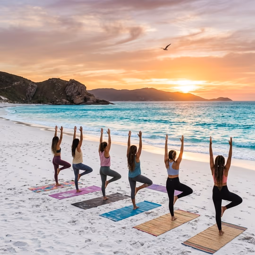 Grupo de mujeres practicando yoga en la playa al atardecer