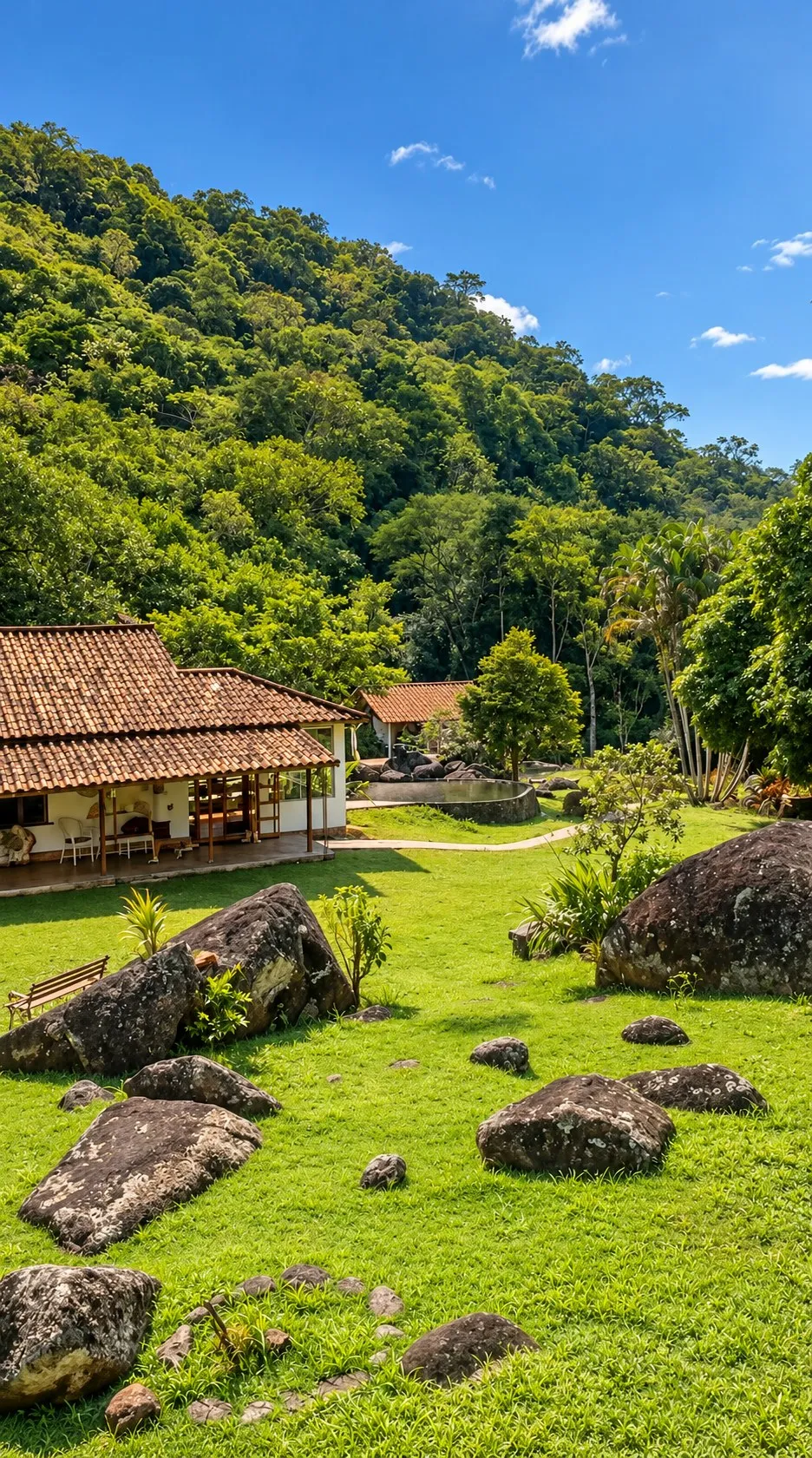 Jardín entre bosque y montaña en Flor de Maria