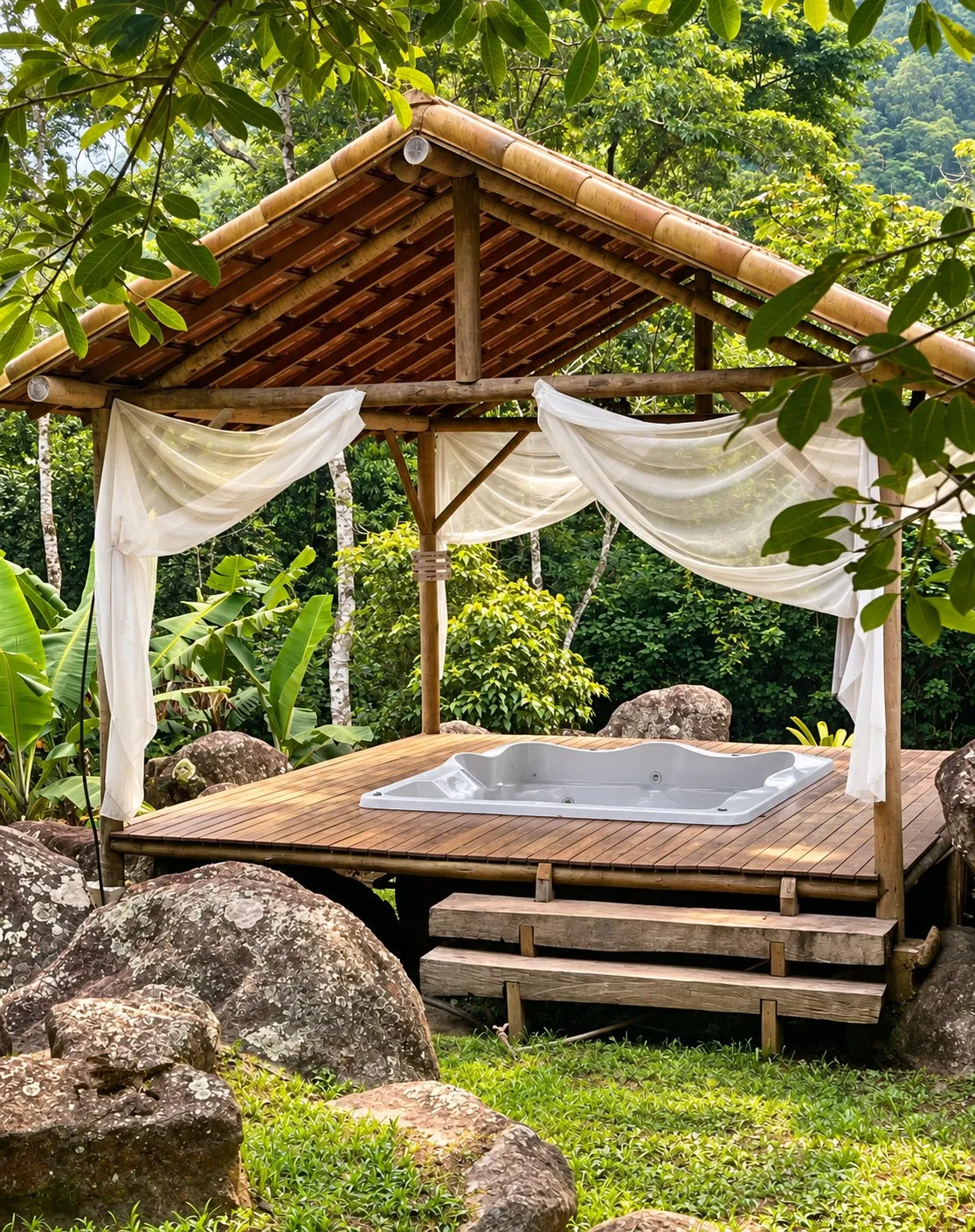 Jacuzzi bajo una pérgola de madera